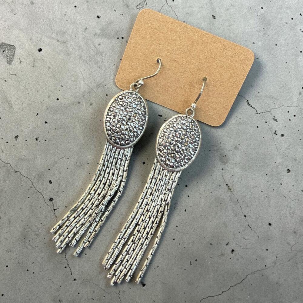 Silver Tone Crystal Rhinestone Fringe Tassel Dangle Earrings